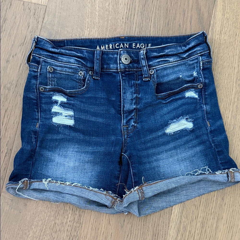 American Eagle Outfitters Distressed Dark Blue Rolled-Hem Denim Shorts